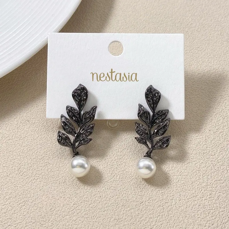 Black Pearl Leaf Drop Earrings 1
