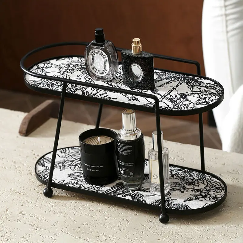 Black Toile De Jouy Two-Tier Vanity Tray – Elegant Cosmetic Organizer 1