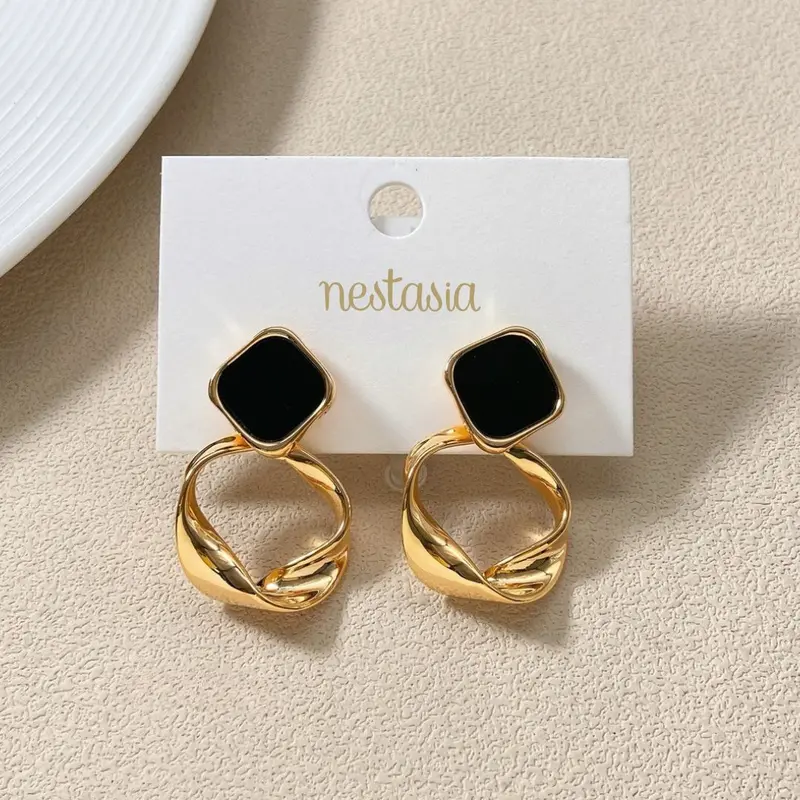 Black Twisted Hoop Dangle Earrings 1