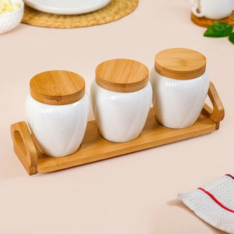 Blanca Airtight Ceramic Storage Set – 3 Jars With Wooden Serving Tray 1
