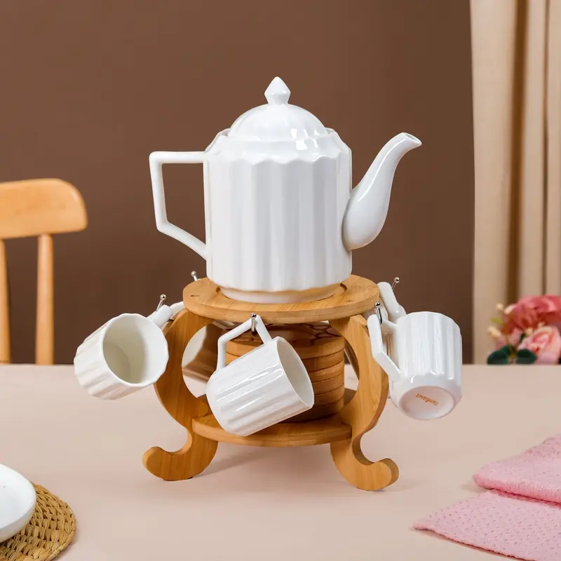Blanca Fluted Ceramic Tea Service – 6 Cups, Kettle & Wooden Stand 1