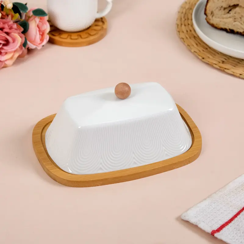 Blanca Rectangular Butter Dish – White Ceramic Lid With Solid Wood Base 1
