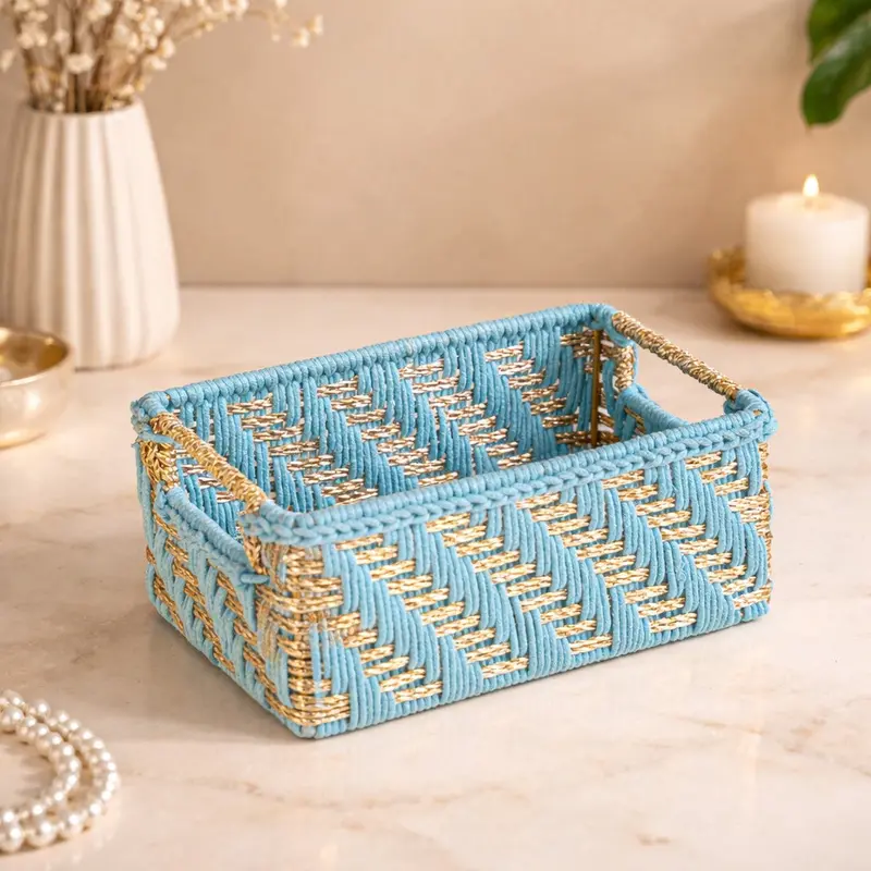 Blue-And-Gold Handwoven Gift Basket With Handles – Sophisticated Woven Hamper With Carry Convenience 1
