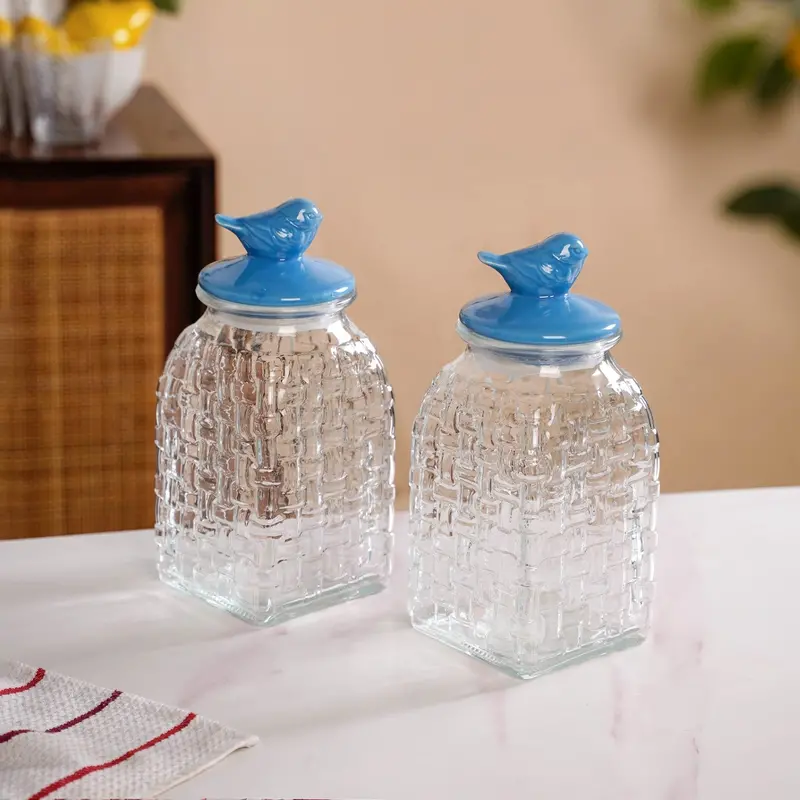 Blue Ceramic Bird-Lid Glass Jars – 2-Pack Large Capacity (1500Ml Each) 1