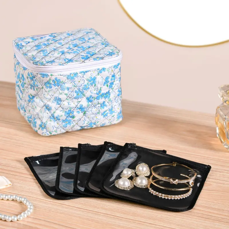 Blue Floral Quilted Jewelry Storage Bag – 6-Piece Pouch Set 1