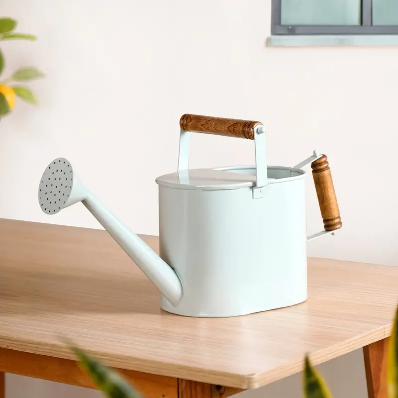 Blue Gloss-Finish Plant Watering Can – Dual Wooden Handles 1