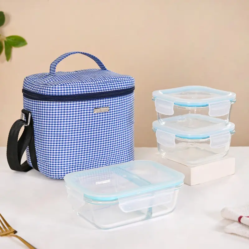 Blue Insulated Lunch Bag With Tempered Glass Lunch Box 1