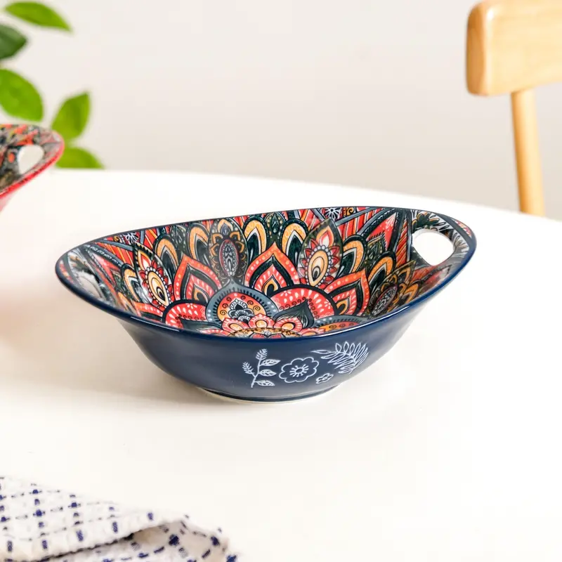 Blue Mandala Melange Ceramic Long Serving Dish With Handles – 400Ml 1