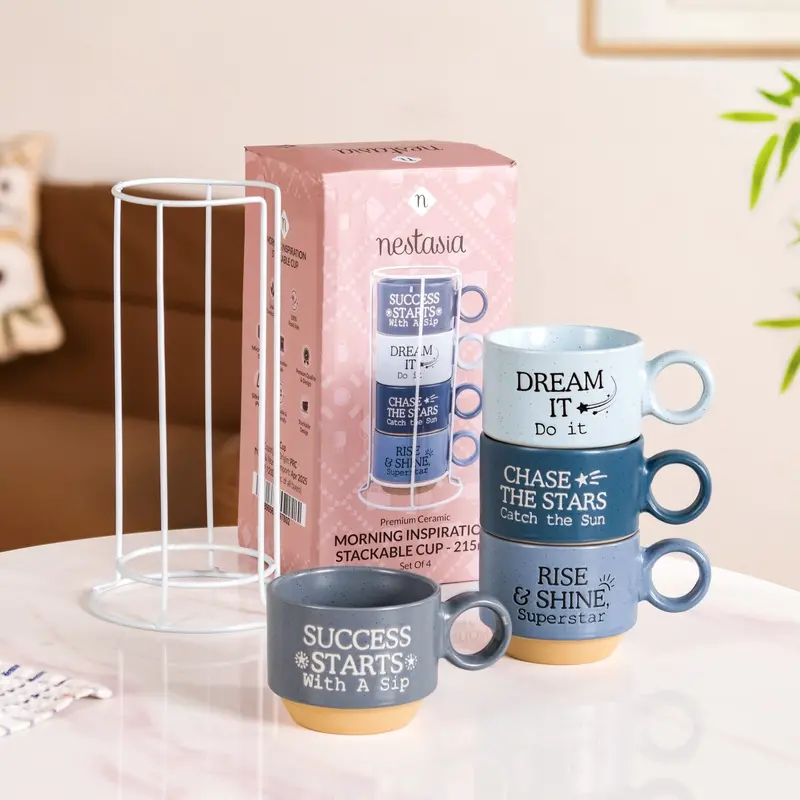Blue Morning Motivation Stackable Cups (4 Pcs, 215Ml) 1