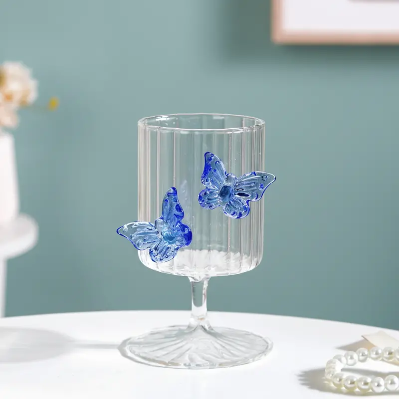 Blue Ribbed Wine Glass With 3D Butterfly Accents – 250Ml Artisan Stemware 1