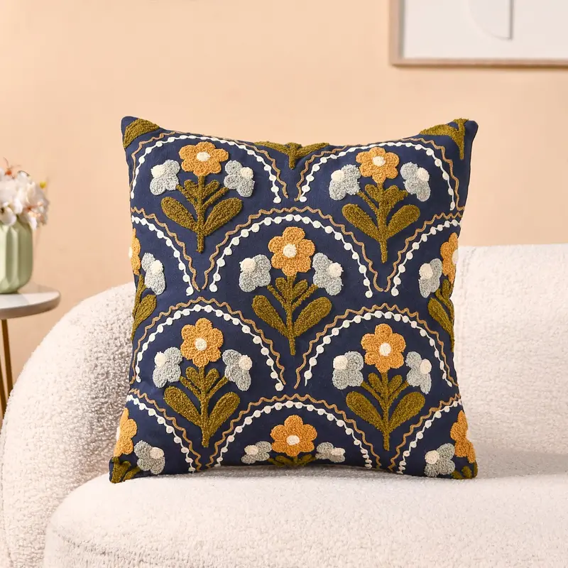 Blue Tufted Blossoms Art Deco Cushion Cover – 40X40Cm Decorative Pillow Case 1