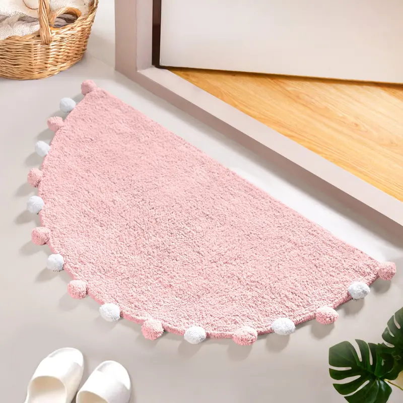 Blush Pink Pom-Pom Pure Cotton Non-Slip Floor Mat – 88X47Cm 1