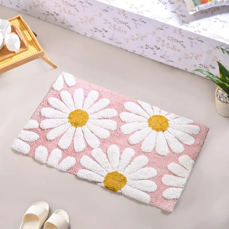 Blush Pink Rose Motif Cotton Non-Slip Floor Mat – 85X53Cm 1