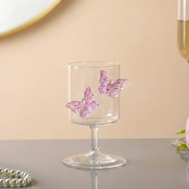 Borosilicate 250Ml Wine Glass With Pink 3D Butterfly Embellishment 1