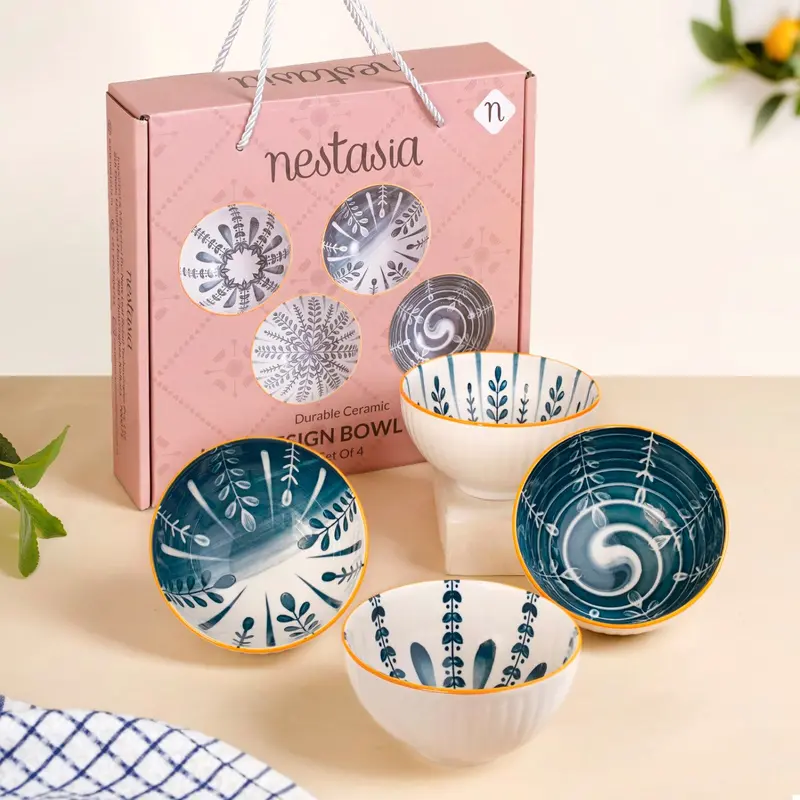Botanical Mediterranean Ceramic Bowl Set – 4 Pieces (300Ml Each) 1
