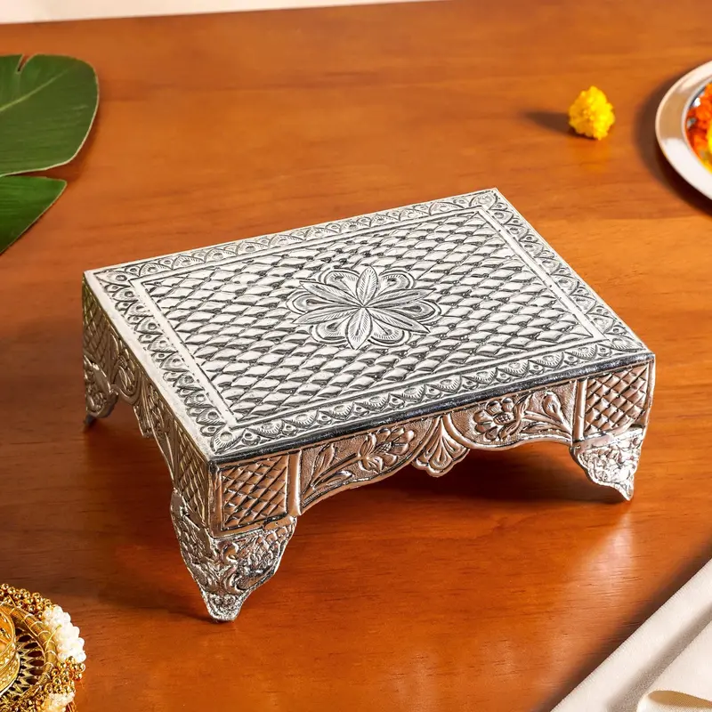 Botanical-Themed Brass Puja Tray With Bright Silver Polish – 20 × 15 Cm 1