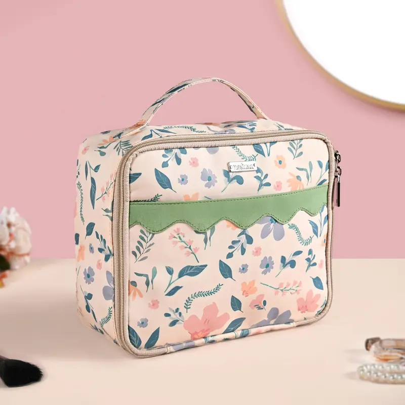 Botanical Travel Organizer – Multi-Compartment Makeup & Toiletry Bag With Floral Embroidery 1