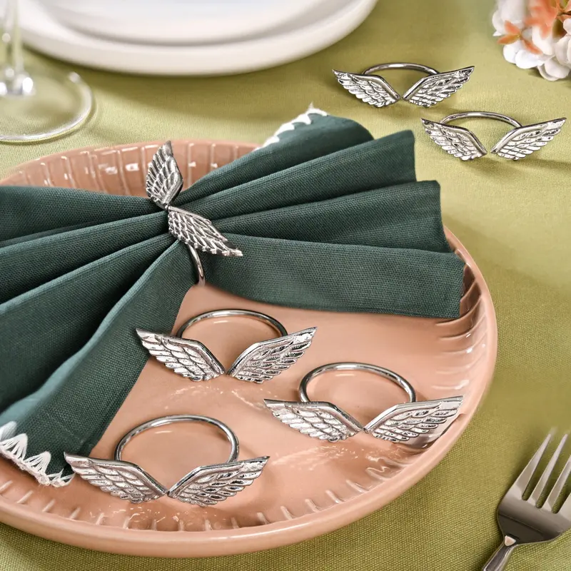 Brass Wing Motif Napkin Rings – Elegant Silver-Toned Set Of Six 1