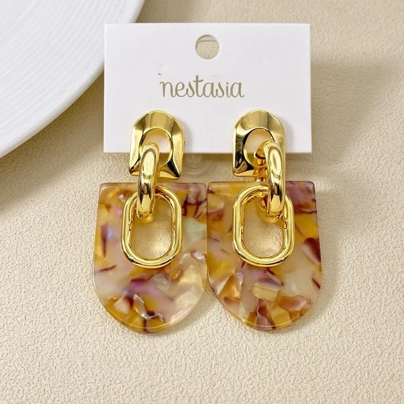 Brown Marbled Arch Dangle Earrings 1