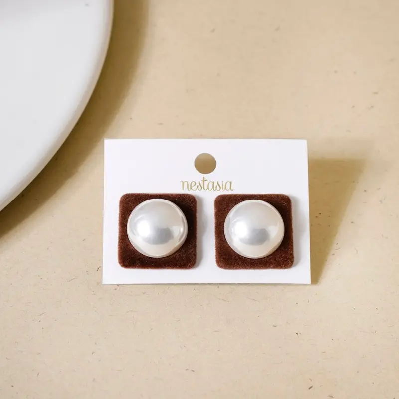 Brown Velvet Textured Pearl Square Studs 1