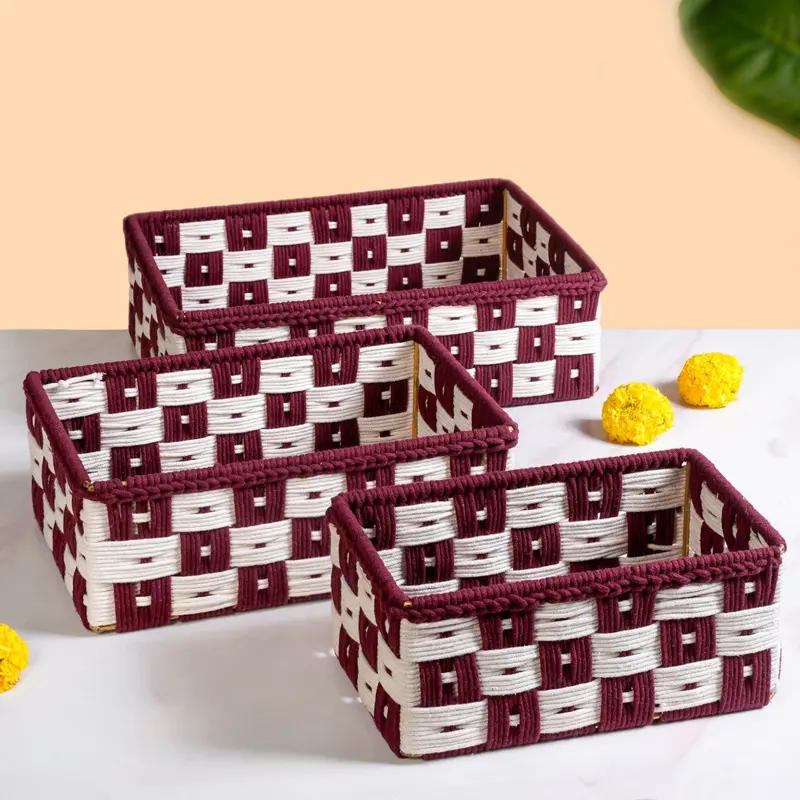Burgundy Multipurpose Storage Basket Set – Trio Of Natural-Fiber Baskets For Home Organization 1