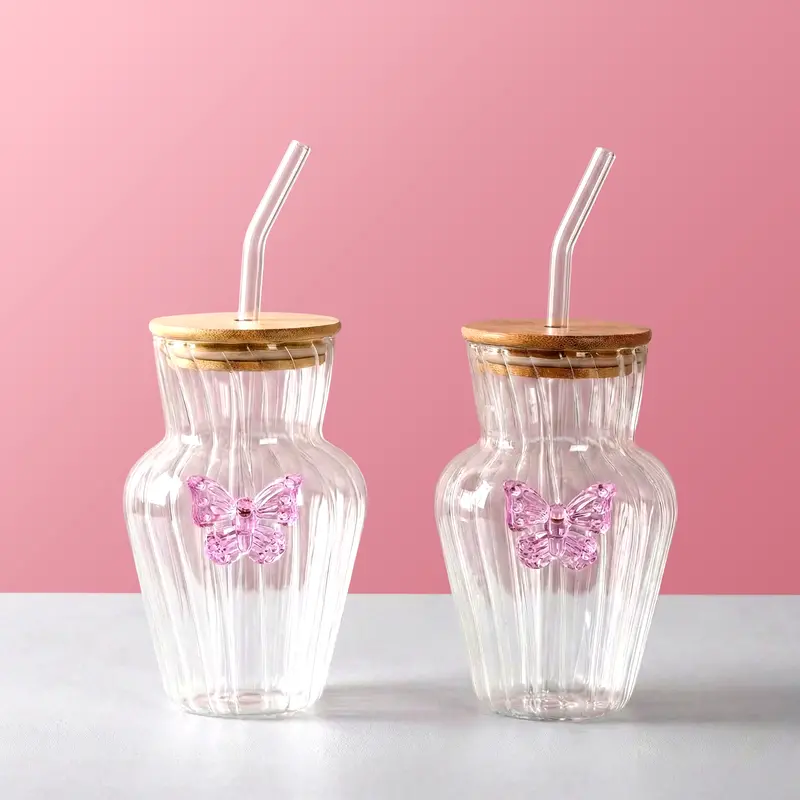 Butterfly Bloom 500Ml Borosilicate Tumbler Set (2) With Reusable Straw 1
