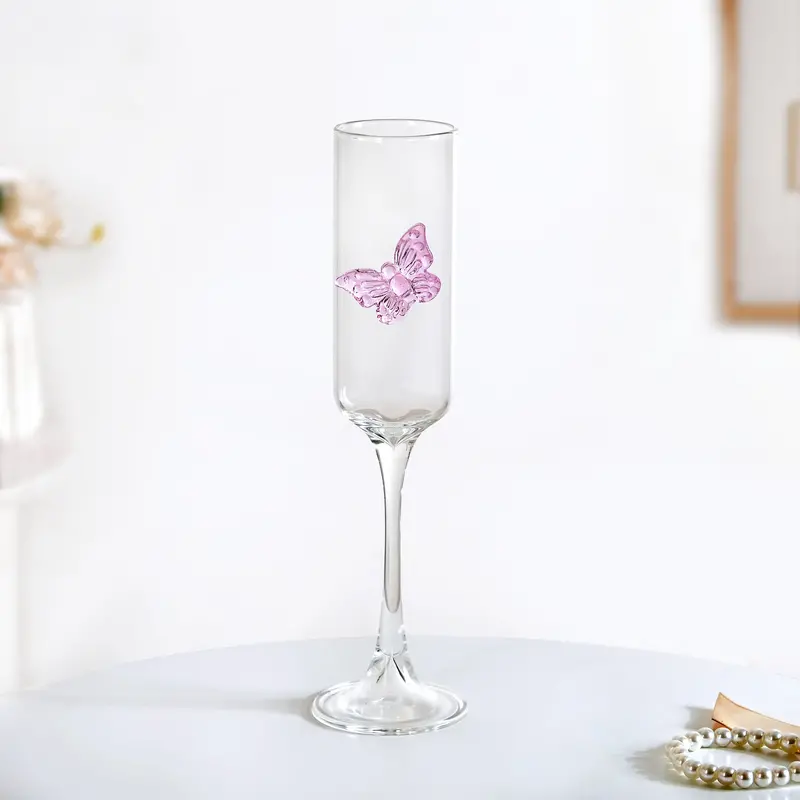 Butterfly-Embellished Pink Champagne Glass – 200Ml Fluted Stemware 1