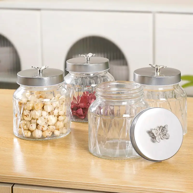 Butterfly-Embossed Glass Jars With Decorative Lids – Set Of 4, 700Ml 1