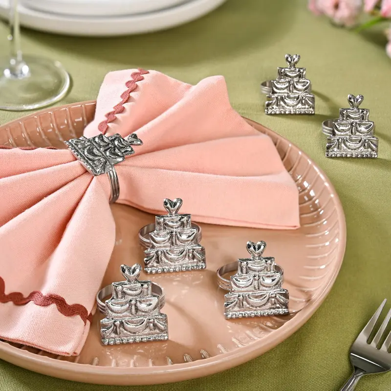 Cake-Themed Pure Brass Napkin Rings – Silver-Finished Set Of Six 1