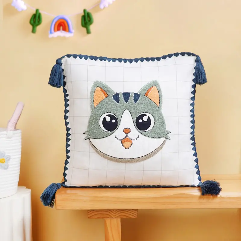 Cat-Embroidered Cotton Cushion Cover For Kids (42X42 Cm) 1