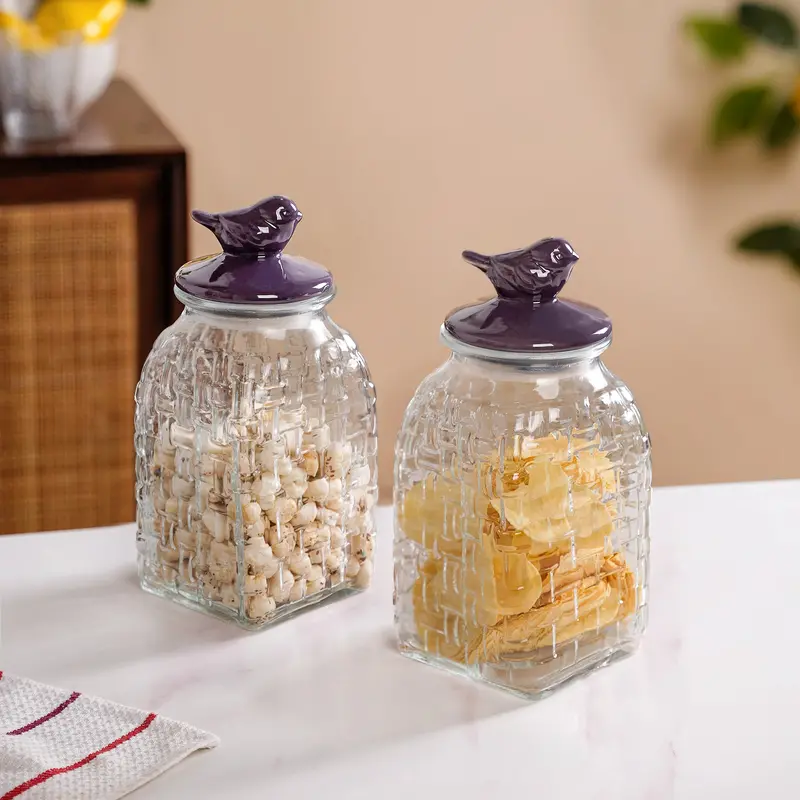 Ceramic Bird-Lid Glass Storage Containers – 2-Unit Set (1500Ml Each) 1