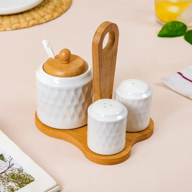 Ceramic Seasoning Storage Set – 3 Jars, Spoon & Wooden Organizer Tray 1