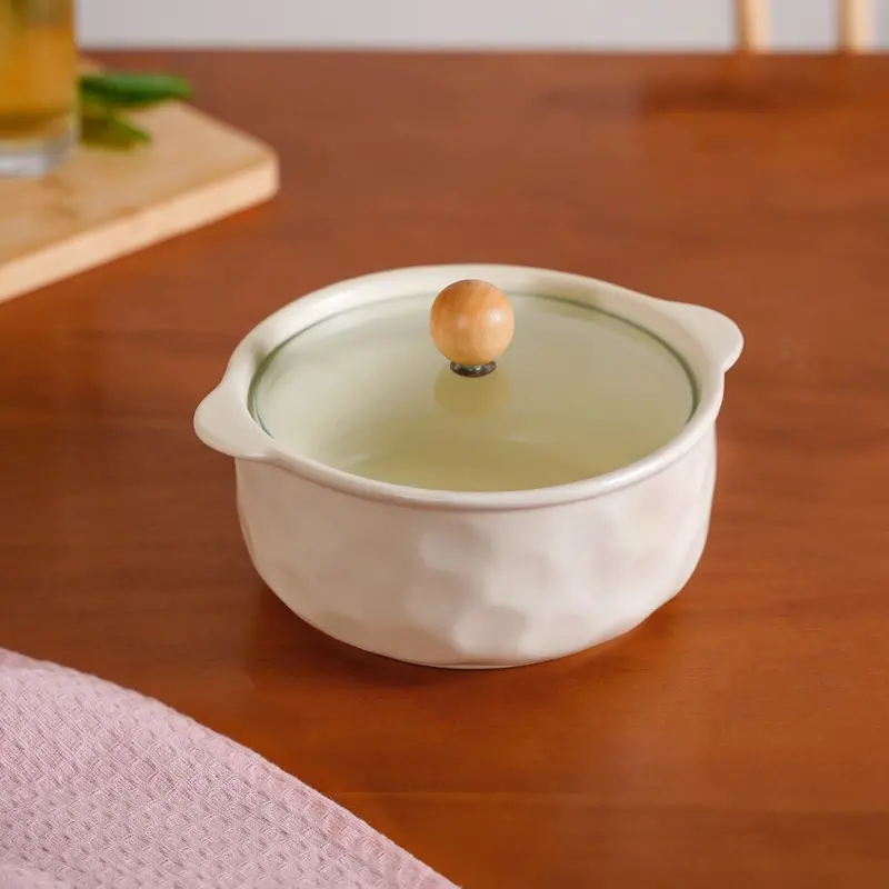 Ceramic Serving Bowl With Tempered Glass Lid – 950Ml Volume 1
