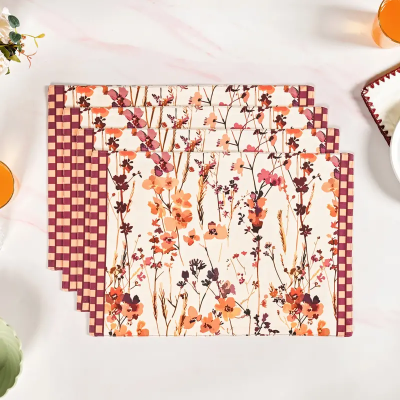 Checkered-Border Placemat Set – 4 Cotton Placemats 1