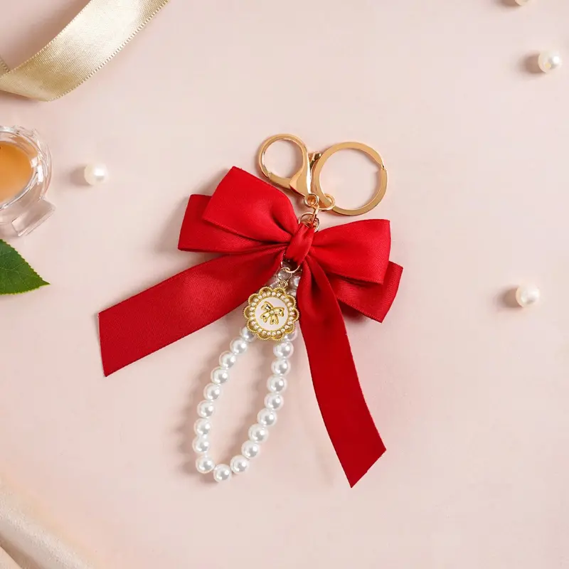 Cherry Red Bow Keychain With Pearl Details 1