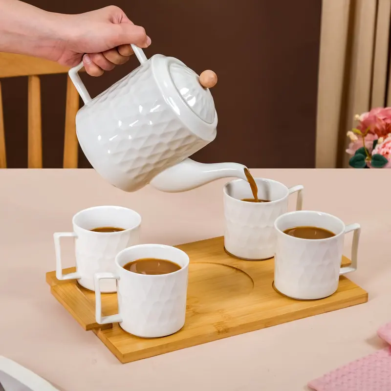 Chic Teacup & Kettle Set – 4 Cups With Matching Kettle And Serving Tray 1