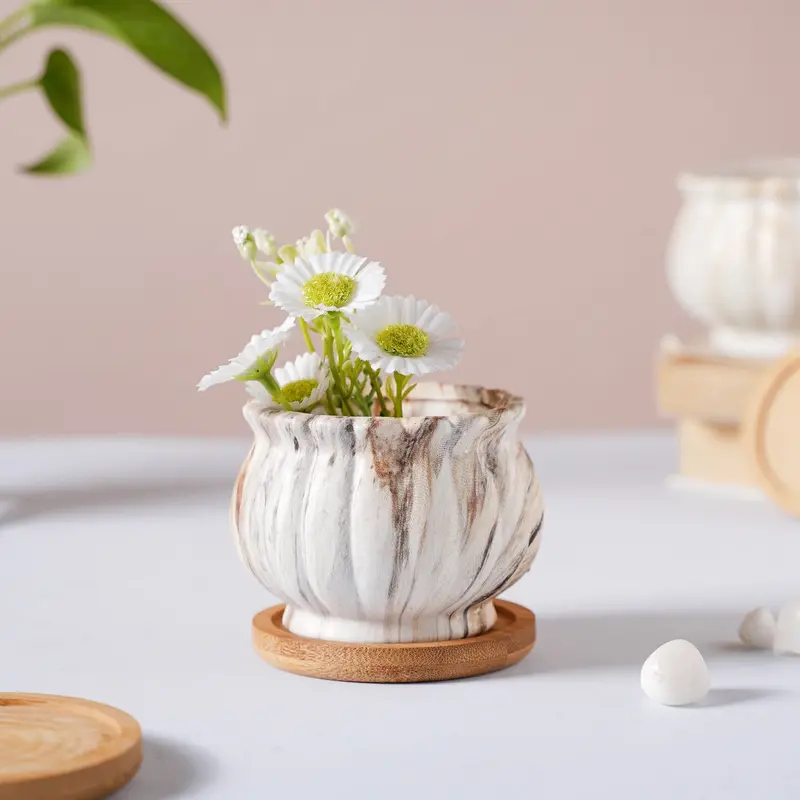 Cinzia Marble-Finish Planter With Matching Coaster 1