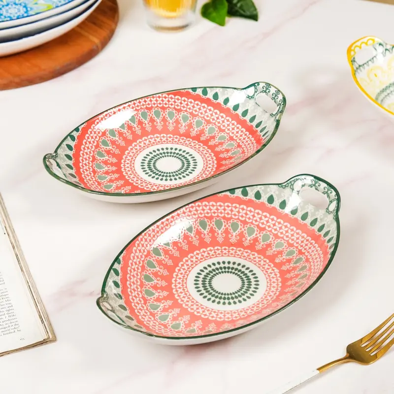 Citrus Mandala Snack Platter Set – Orange And Green Ceramic, 2 Items 1