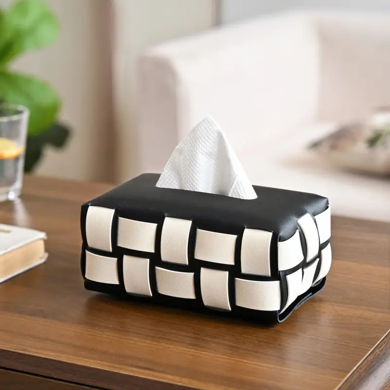 Classic Black-And-White Vegan Leather Tissue Holder 1