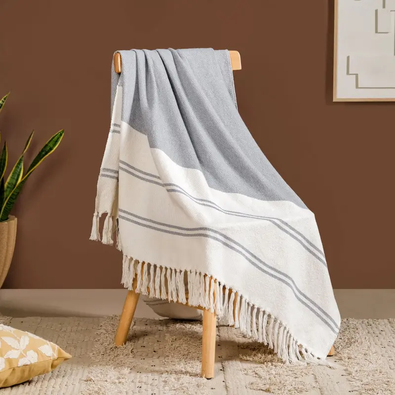 Coastal Blue-And-White Striped Cotton Throw With Fringe 1