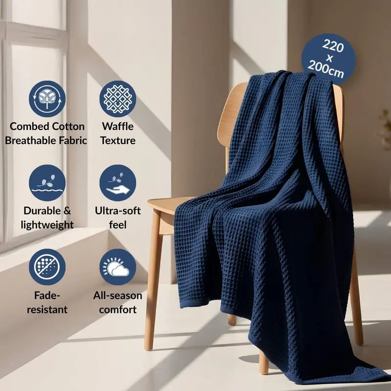 Combed Cotton Waffle Throw Blanket – Deep Blue, 220 X 200 Cm 1