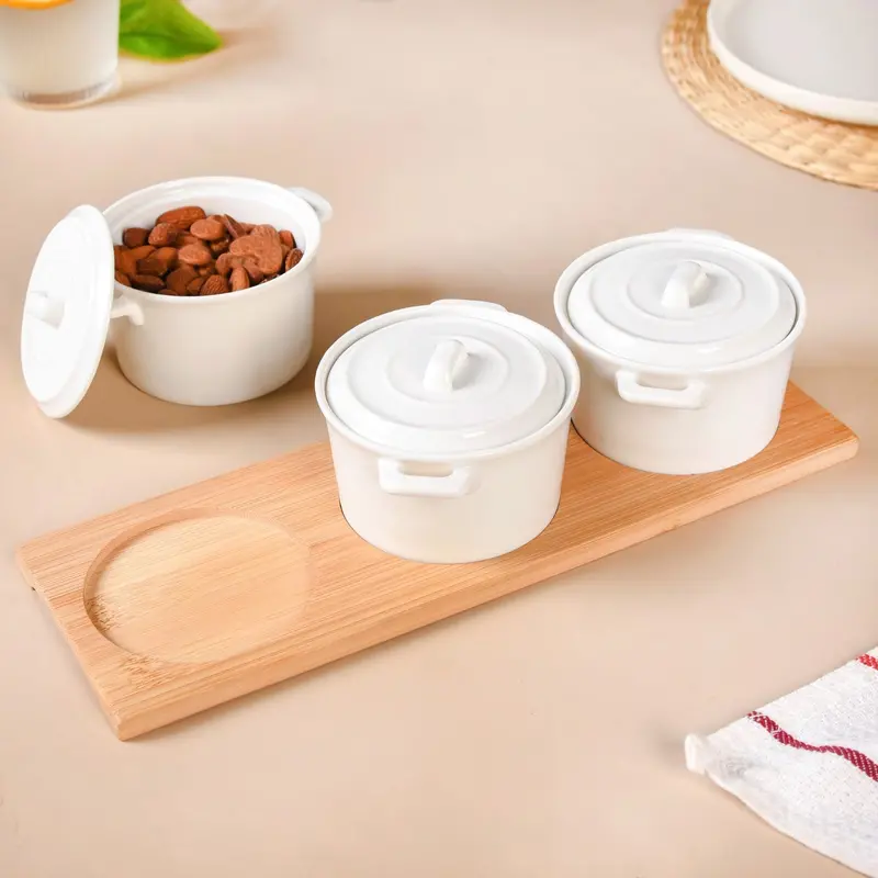 Compact Ceramic Snack Bowls (3-Piece) With Bamboo Tray – 250Ml Total 1