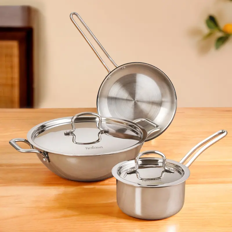 Complete Triply Stainless Steel Cookware Bundle – Kadai, Frying Pan & Saucepan 1