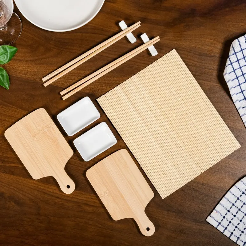 Comprehensive Bamboo Sushi Kit With Rolling Mat, Utensils & Bowls (9-Piece) 1