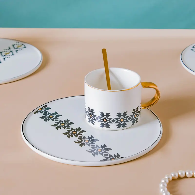 Contemporary Geometric Ceramic Mug And Saucer Set 4