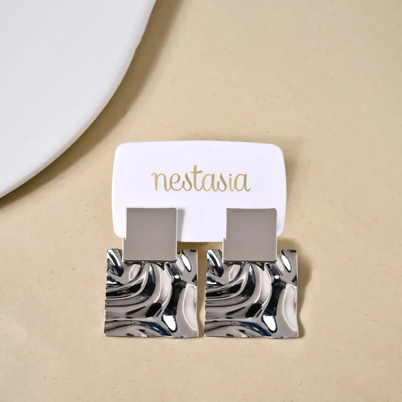 Contemporary Hammered Silver Statement Dangle Earrings 1