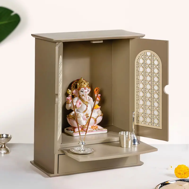 Contemporary Puja Mandir With Doors – Medium Wooden Temple Cabinet (33X17X43Cm) 1