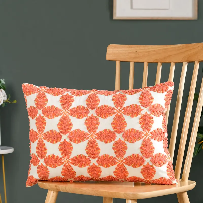 Coral-Tone Embroidered Cotton Cushion Cover – 50X36Cm Artisan-Style Decorative Pillow Slip 1