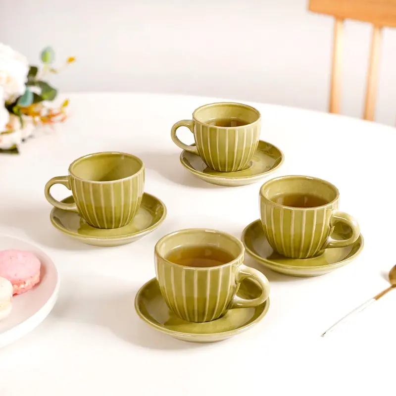 Costola Olive Ceramic Tea Cup And Saucer Set – 4 Pcs, 125Ml 1