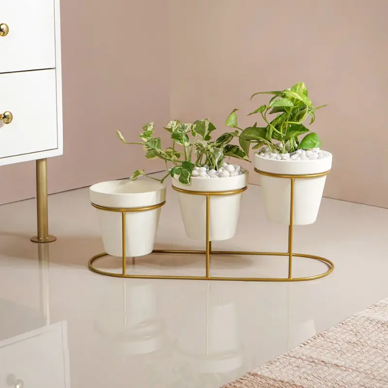 Cream-White Terragold Planter Set With Metallic Stand 1
